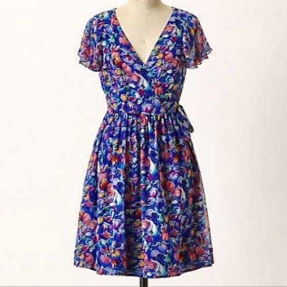 Anthropologie Dresses & Skirts - Anthropologie Moulinette Soeurs Blooming Sapphire Blue Floral Silk Wrap Dress